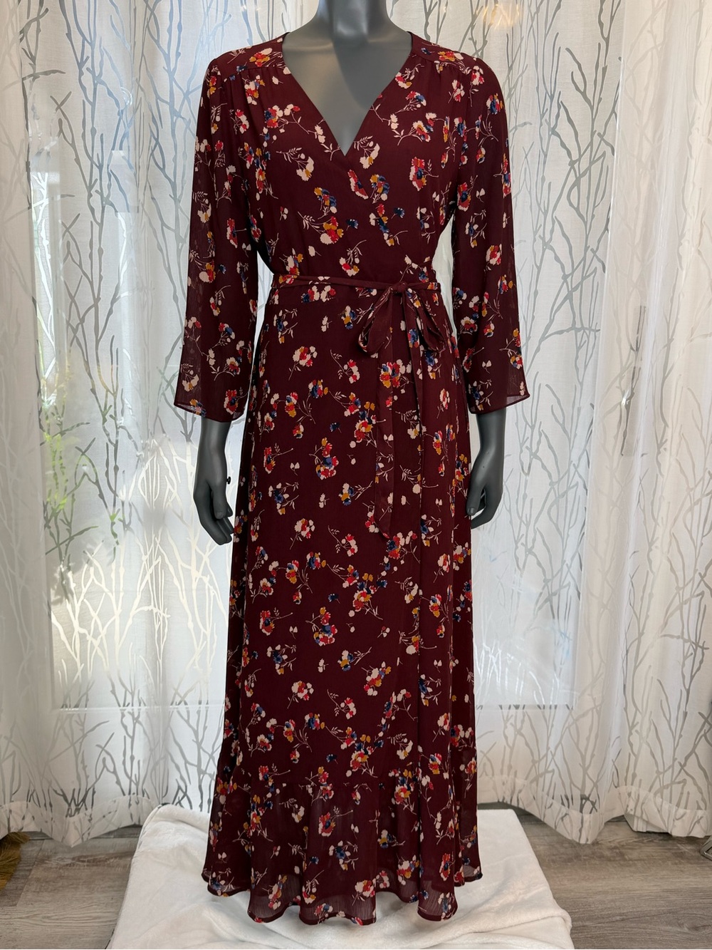 Madewell Ruffle-Hem Wrap Dress Carnation Toss Floral Burgundy Long Sleeve Size L